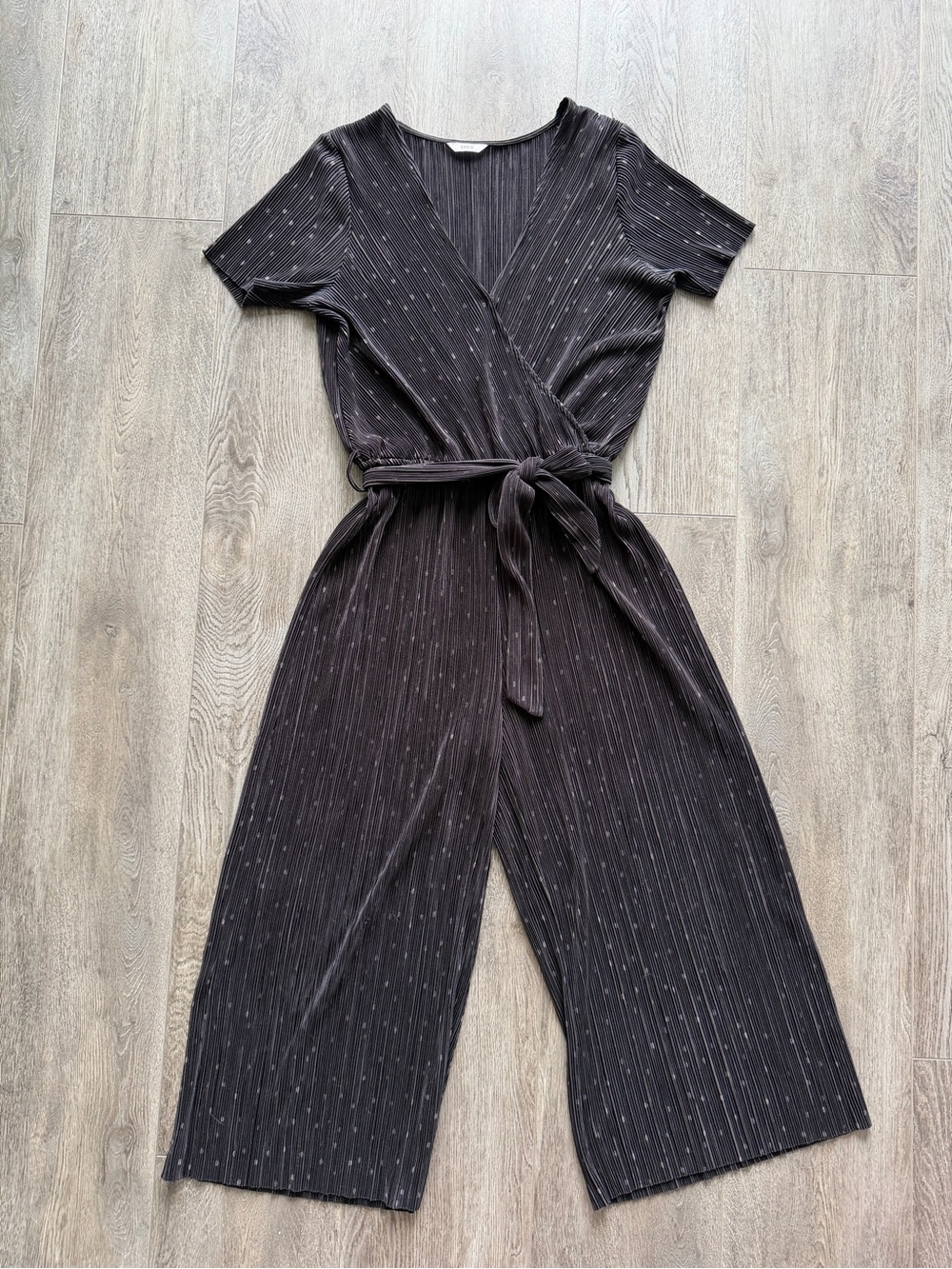 Envii Black and Silver Polka Dot Short-Sleeve Wrap Jumpsuit with Tie Waist